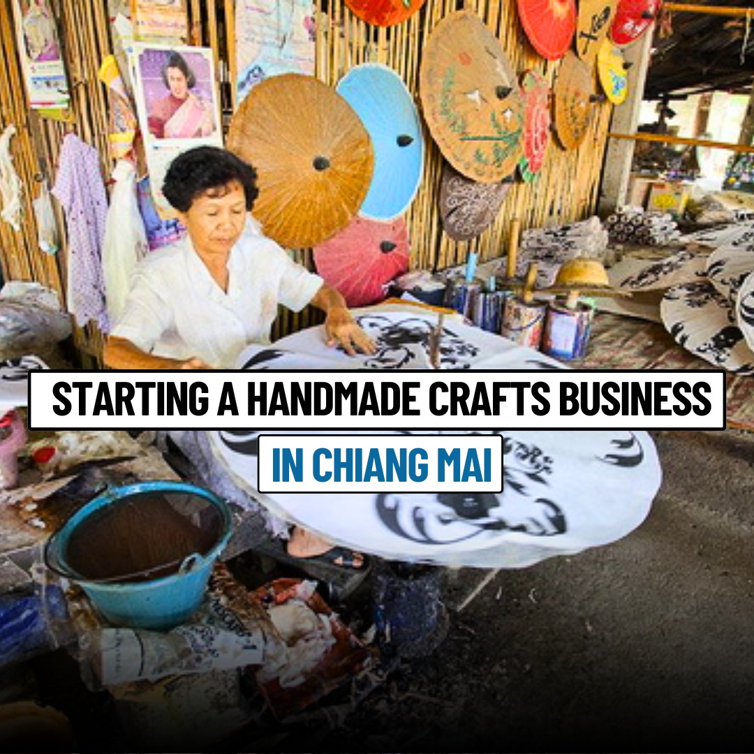 An artisan in Chiang Mai hand-painting a traditional umbrella surrounded by colorful handmade crafts, highlighting the cultural richness of Northern Thailand.