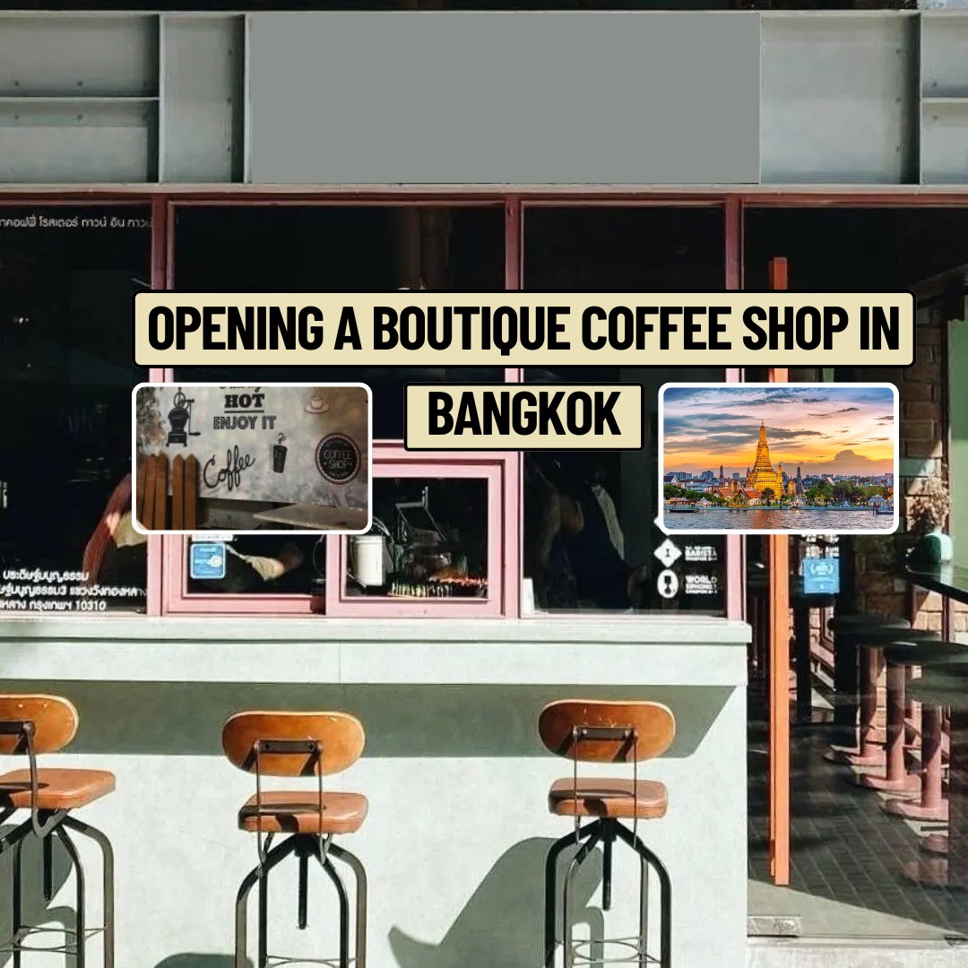 Boutique coffee shop storefront in Bangkok with modern seating and signage