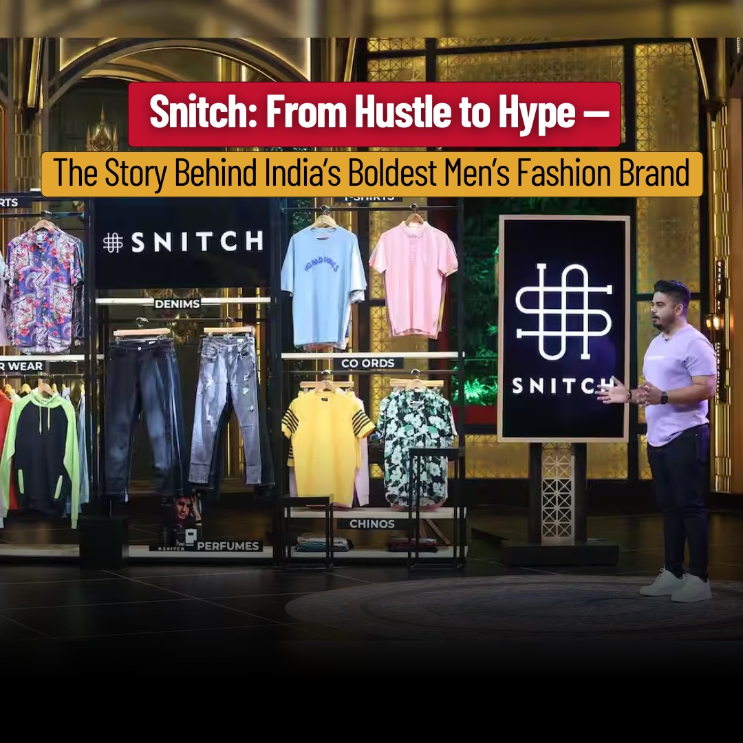 Display of Snitch clothing on Shark Tank India, showcasing co-ords, denims, shirts, and founder Siddharth Dungarwal presenting the brand.