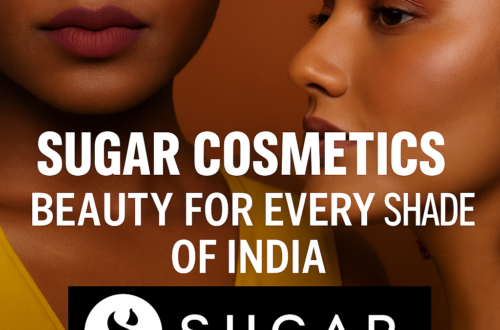 Promotional graphic for Sugar Cosmetics featuring diverse Indian women and makeup products.