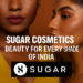 Promotional graphic for Sugar Cosmetics featuring diverse Indian women and makeup products.