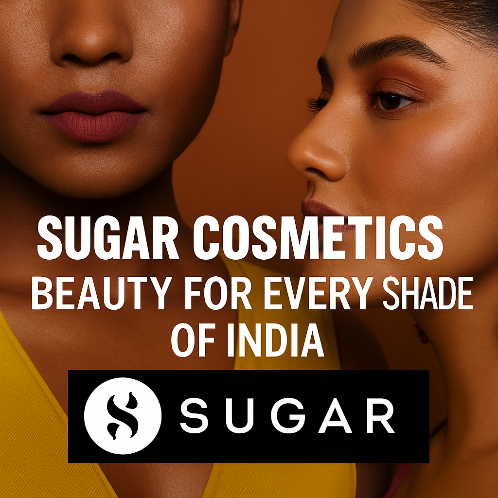 Promotional graphic for Sugar Cosmetics featuring diverse Indian women and makeup products.