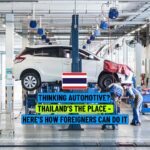 Automotive workshop in Thailand with a white car lifted for maintenance, two mechanics working, and a Thailand flag overlay with text promoting automotive business opportunities for foreigners.