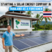 A foreign entrepreneur standing next to solar panels on a rooftop in Thailand, promoting a solar energy business with a sign reading "Thailand Solar Business" on a traditional Thai-style building.